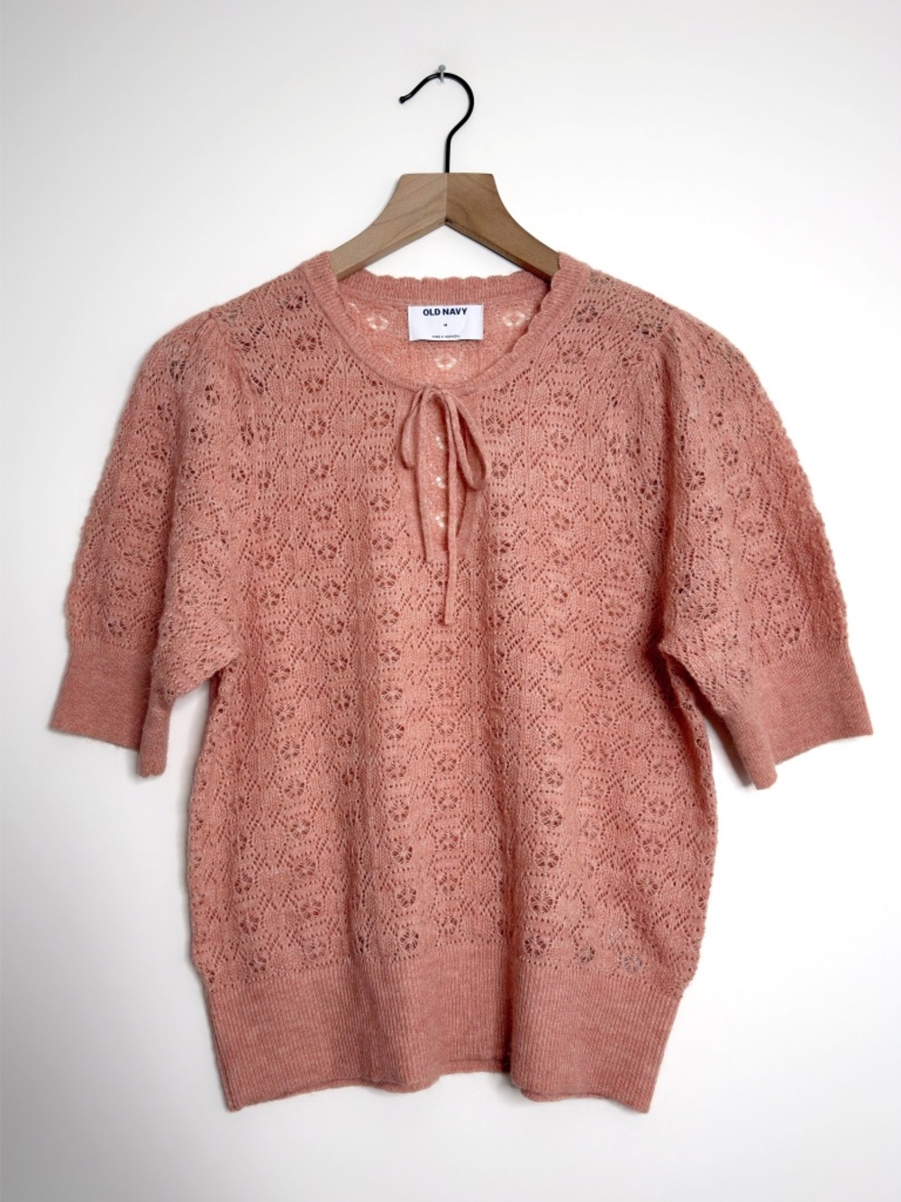 Old Navy Wool Blend Puff Sleeve Tie Neck Sweater